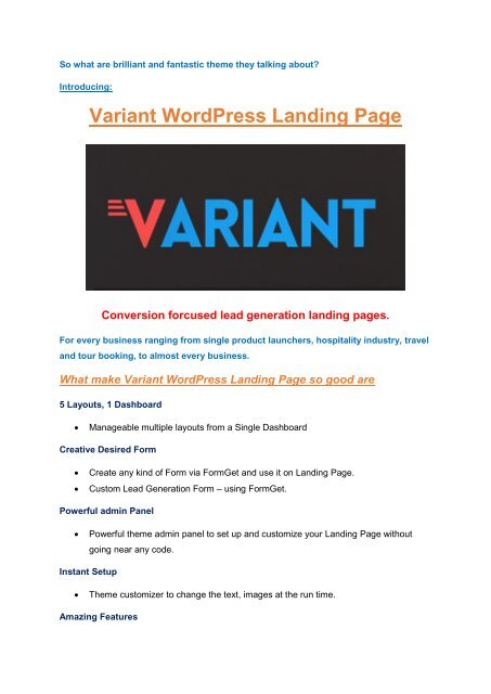 Variant Wordpress Landing Page review and giant bonus with +100 items