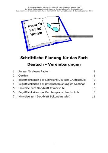 Schriftliche Planung für das Fach Deutsch - Vereinbarungen