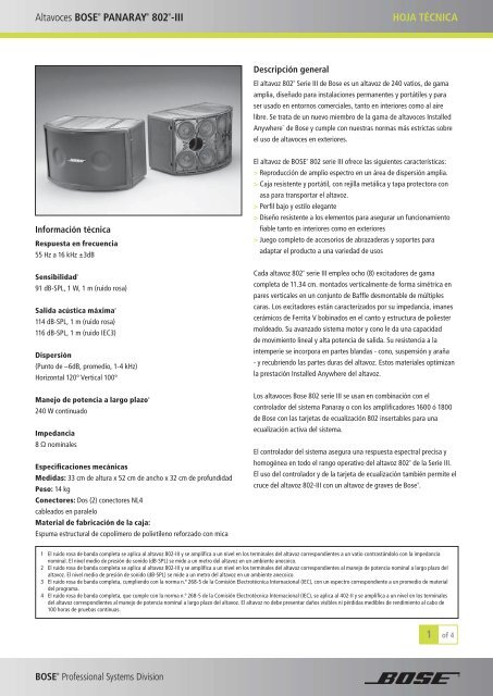 Altavoces BOSE PANARAY 802 -III HOJA TÉCNICA 1