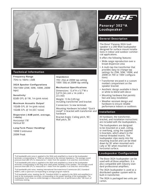 Panaray 302 A Loudspeaker - Tech Data Sheet - Bose