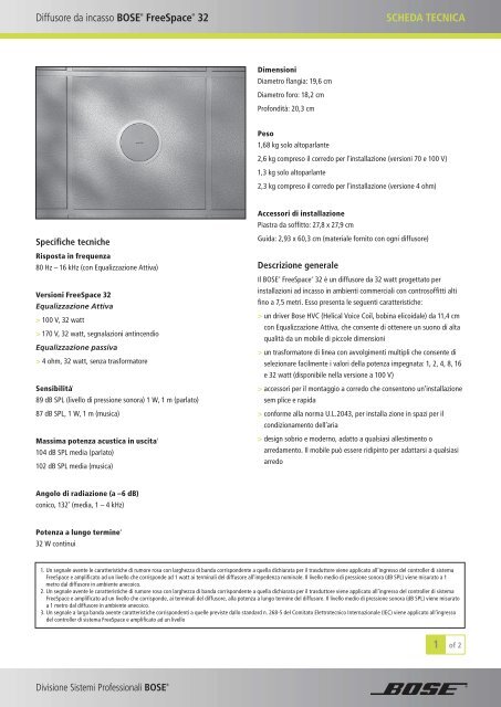 Diffusore da incasso BOSE FreeSpace 32 SCHEDA TECNICA 1