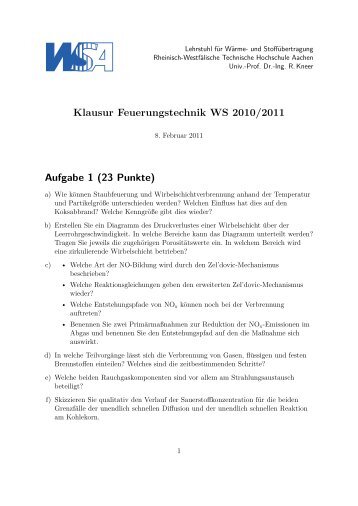 Klausur Feuerungstechnik WS 2010/2011 Aufgabe 1 (23 Punkte)