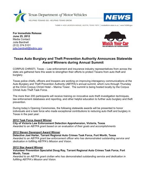 Auto Theft Prevention >> Texas Auto Burglary And Theft Prevention Authority Announces Auto Theft Prevention >> Texas Auto Burglary And Theft Prevention Authority Announces
