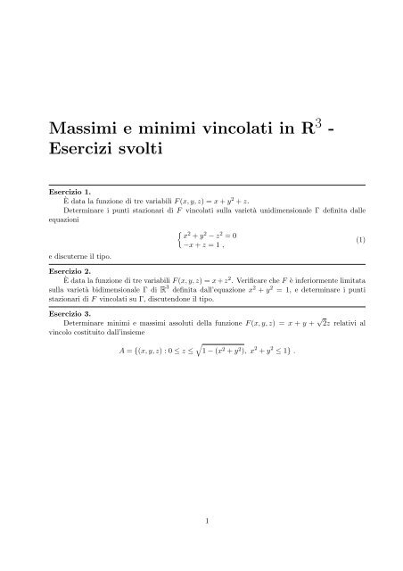 Massimi e minimi vincolati in R - Esercizi svolti