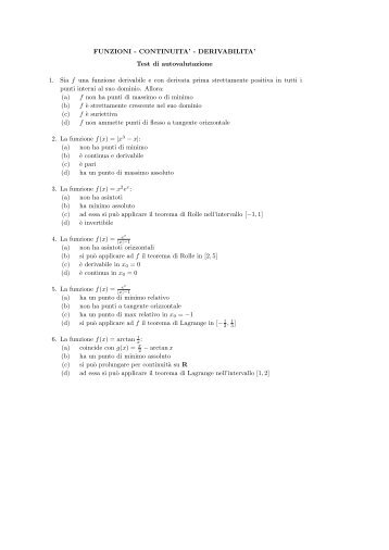 FUNZIONI - CONTINUITA' - DERIVABILITA' Test di autovalutazione ...