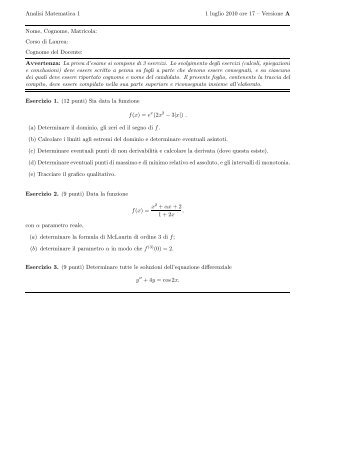 Analisi Matematica 1 1 luglio 2010 ore 17 â Versione A Nome ...