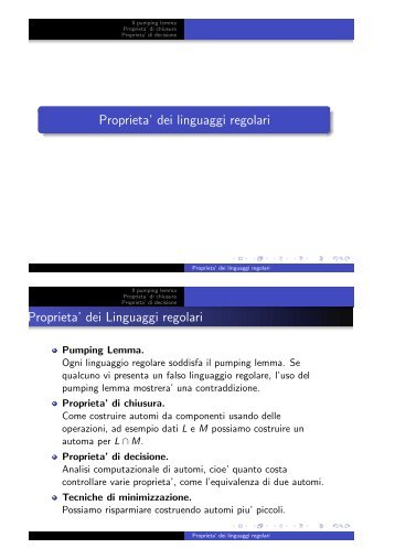 Proprieta’ dei linguaggi regolari Proprieta’ dei Linguaggi regolari