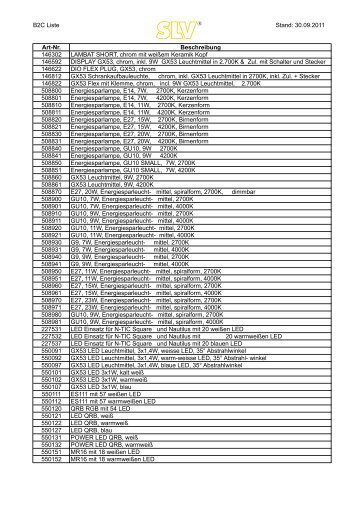 B2C Liste Stand: 30.09.2011 Art-Nr. Beschreibung 146302 ... - SLV
