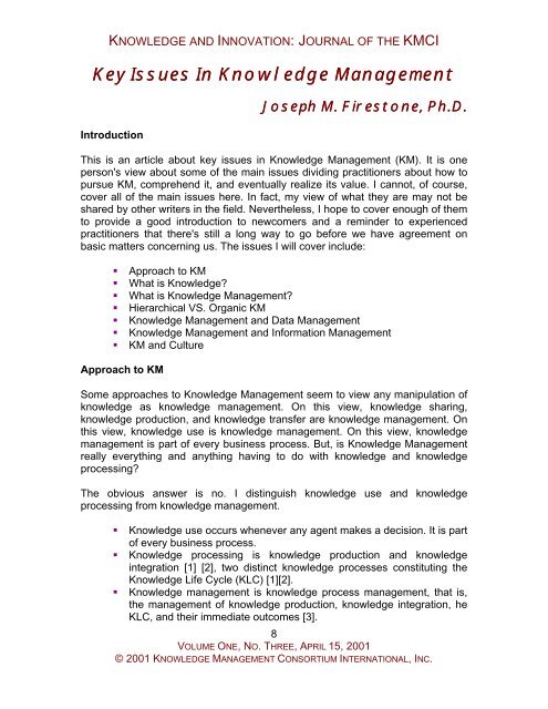 Key Issues In Knowledge Management