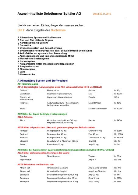 Arzneimittelliste Solothurner Spitäler AG