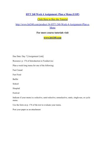 HTT 240 Week 4 Assignment  Plan a Menu (UOP)