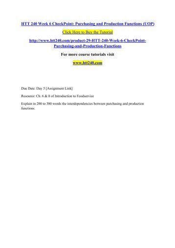 HTT 240 Week 6 CheckPoint  Purchasing and Production Functions (UOP)