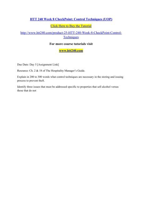 HTT 240 Week 8 CheckPoint  Control Techniques (UOP)