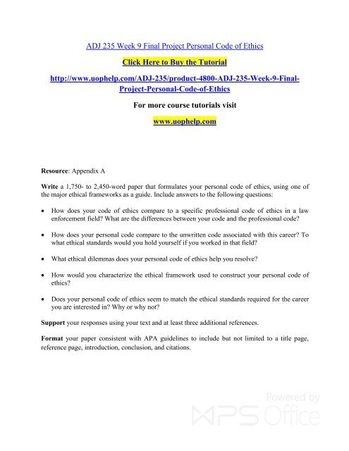 Adj 235 Week 9 Final Project Personal Code Of Ethics Uophelp