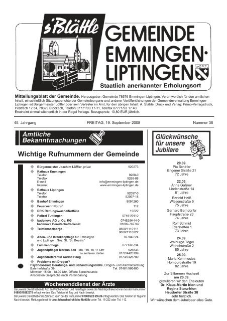 Wichtige Rufnummern der Gemeinde - Emmingen-Liptingen