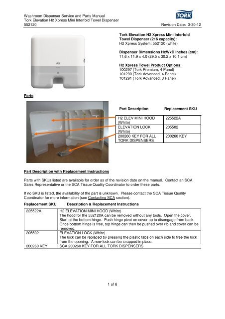 Washroom Dispenser Service and Parts Manual Tork Elevation H2 ...