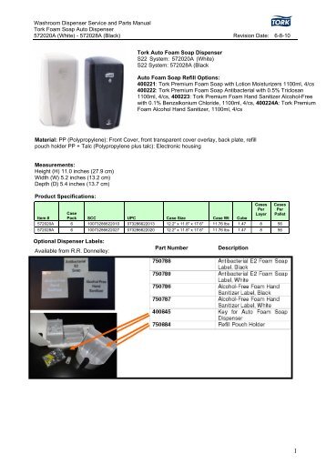 Washroom Dispenser Service and Parts Manual Tork Foam Soap ...