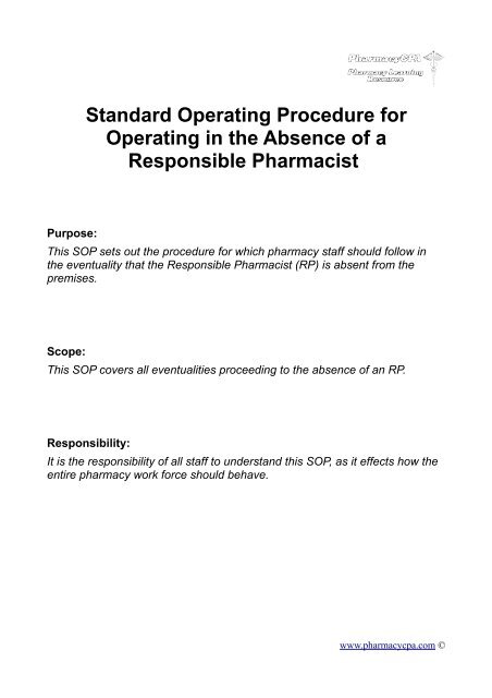 Standard Operating Procedure For Operating In The Pharmacy Sop