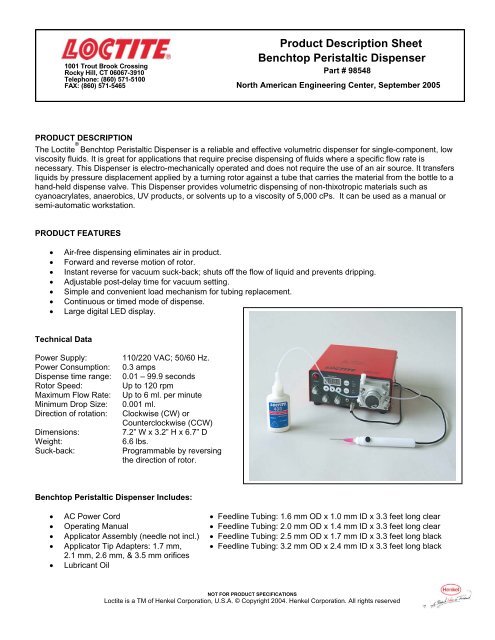 Product Description Sheet Benchtop Peristaltic Dispenser