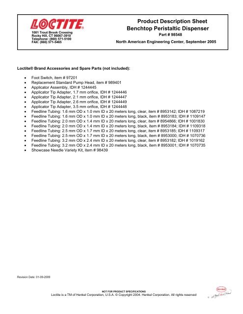 Product Description Sheet Benchtop Peristaltic Dispenser