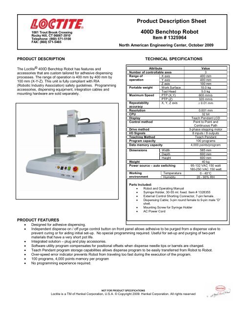 Product Description Sheet 400D Benchtop Robot