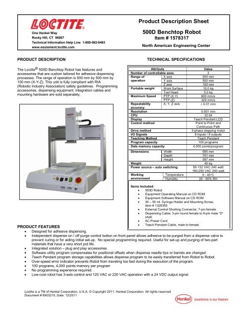 Product Description Sheet 500D Benchtop Robot