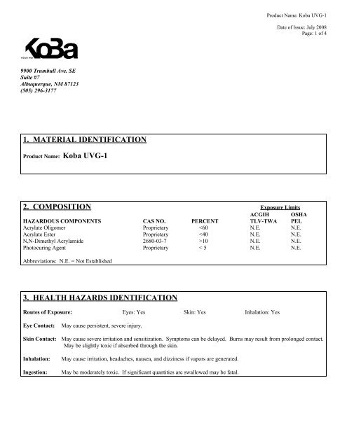 Koba UVG-1 MSDS - Fab@Home