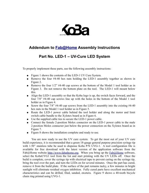 Adirmed Assembly Instructions.pdf Addendum to Fab@Home Assembly Instructions Part No LED-1 – UV-Cure LED ...