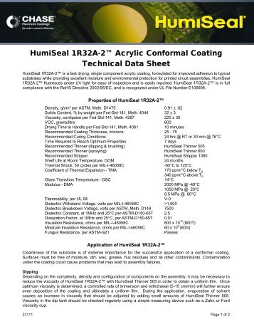 HumiSeal 1R32A-2 Acrylic Conformal Coating Technical Data Sheet