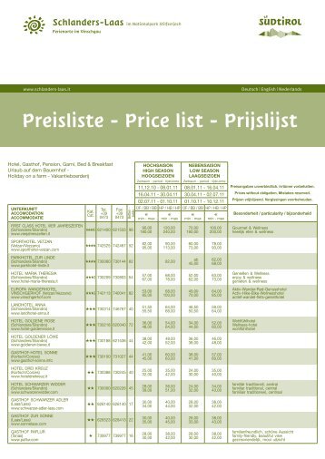 Preisliste - Price list - Prijslijst - Tourismusverein Schlanders Laas