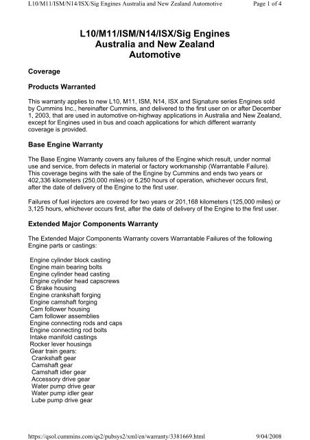 L10/M11/ISM/N14/ISX/Sig Engines Australia and New Zealand Automotive