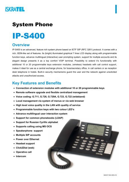 System phone IP-S400 Datasheet - Iskratel