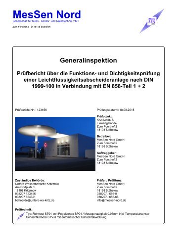 Musterbericht "Berliner Senat DIN 1999-100" Abscheidergeneralinspektionsberichtssoftware für Ölabscheider, Leichtflüssigkeitsabscheider, Koaleszenzabscheider