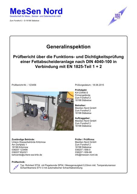 Musterbericht "LGA-Format DIN 4040-100" Abscheidergeneralinspektionsberichtssoftware für Fettabscheider