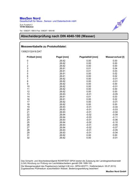 Musterbericht "LGA-Format DIN 4040-100" Abscheidergeneralinspektionsberichtssoftware für Fettabscheider