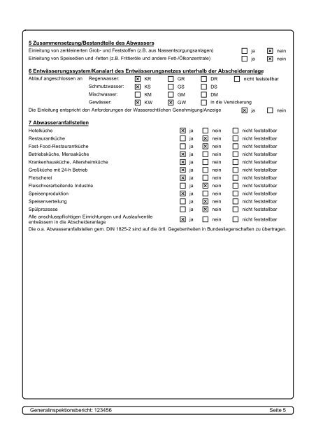 Musterbericht "LGA-Format DIN 4040-100" Abscheidergeneralinspektionsberichtssoftware für Fettabscheider