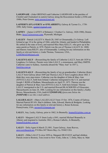 County Galway Surname List (Laa-Lzz) - RootsWeb - Ancestry.com