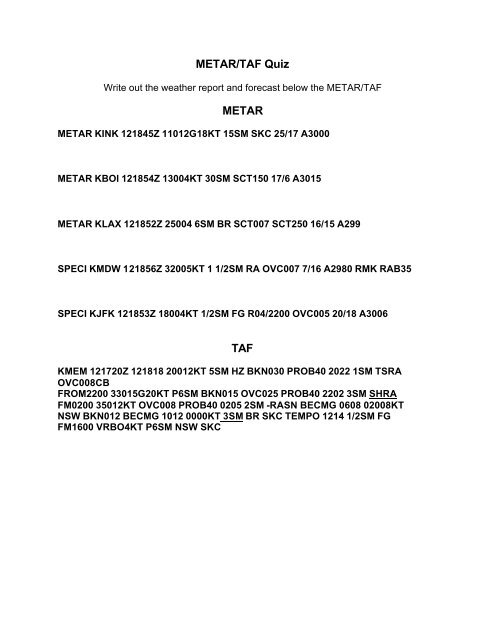 METAR/TAF Quiz METAR TAF