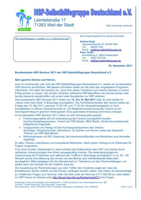 Einladung 2011 - HSP-Selbsthilfegruppe Deutschland EV