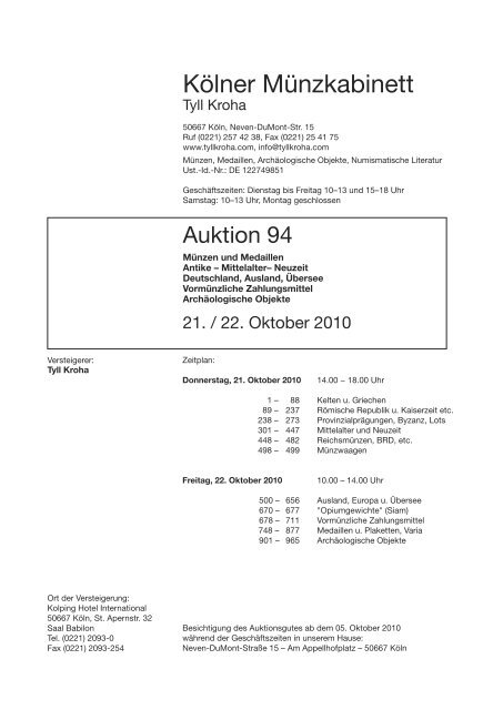 Kölner Münzkabinett Auktion 94 - Tyll Kroha - Kölner Münzkabinett