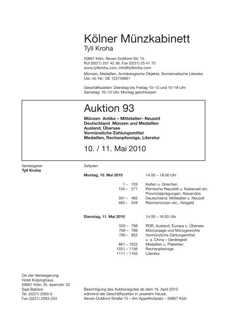 Kölner Münzkabinett Auktion 93 - Tyll Kroha - Kölner Münzkabinett