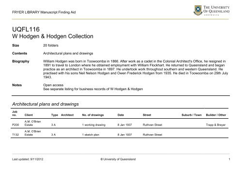 Architectural plans and drawings - UQ Library - University of