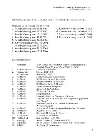 denkmalliste des landkreises nordwestmecklenburg