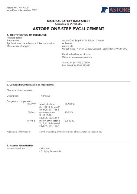 PVC solvent cement safety data sheet - Astore