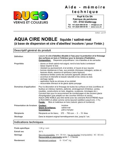 AQUA CIRE NOBLE liquide / satiné-mat (à base de ... - Ruco