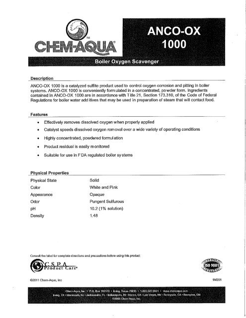 Description ANCO-OX 1000 is a catalyzed sulfite product used to ...