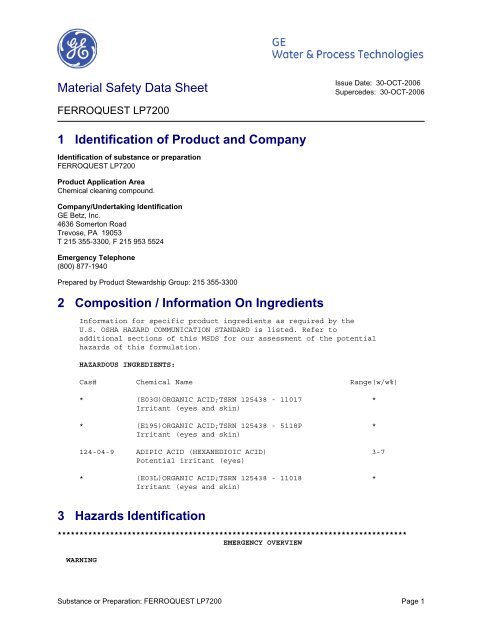 Material Safety Data Sheet - FERROQUEST LP7200