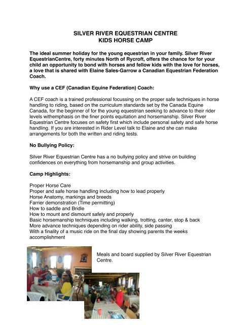 SILVER RIVER EQUESTRIAN CENTRE KIDS HORSE CAMP