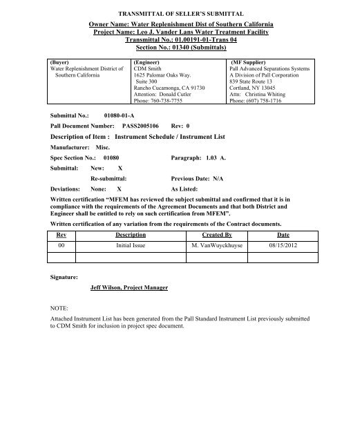 MF Submittal by Pall Corp - Water Replenishment District of ...