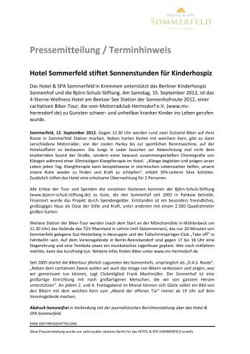Pressemitteilung / Terminhinweis Hotel Sommerfeld stiftet ...